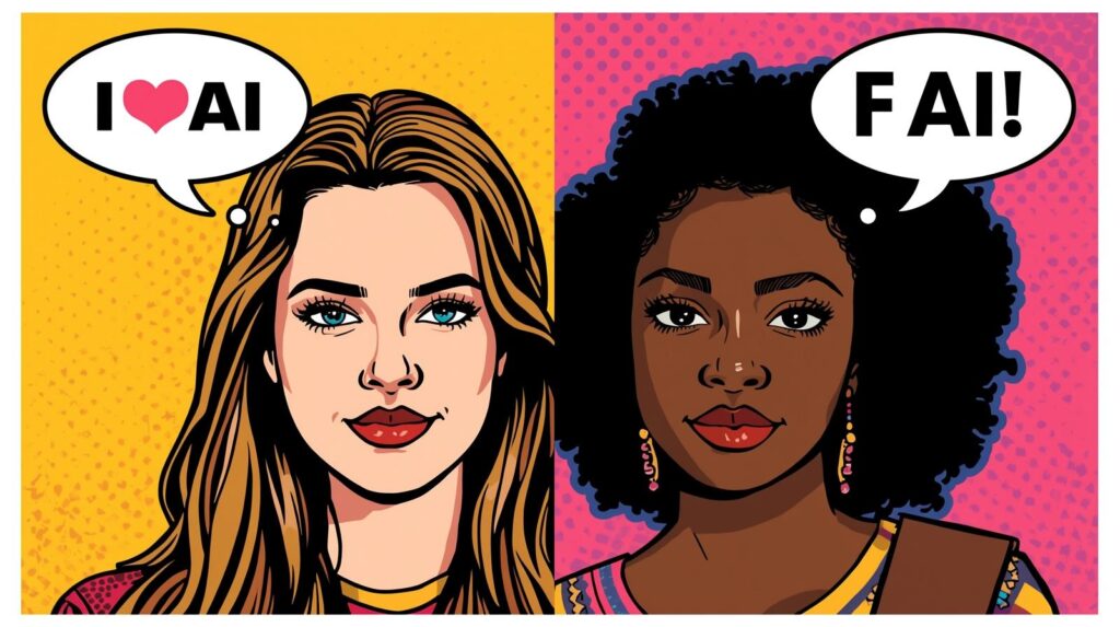 a student thinking that they love AI and a different student thinking that they hate it