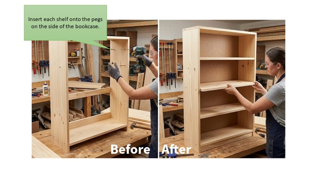 two images that illustrate two consecutive steps in the building of a bookcase with a callout giving instructions on how to install the shelves