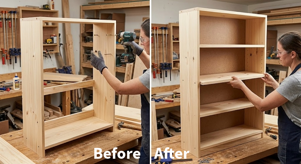 two images that illustrate two consecutive steps in the building of a bookcase with one labelled as before and one labelled as after