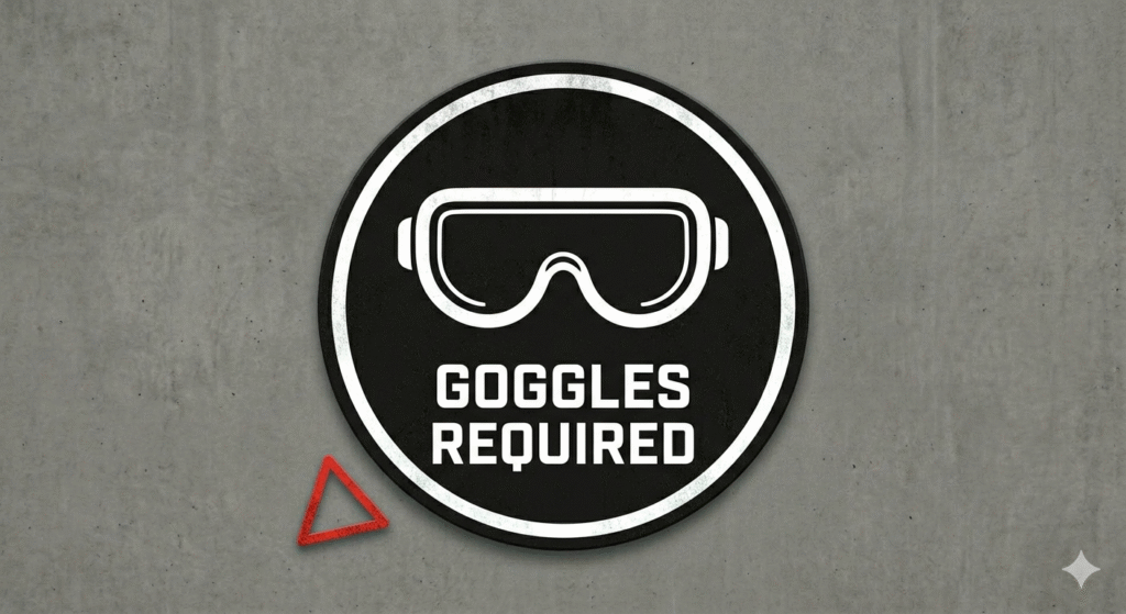 a warning sign that says safety goggles required