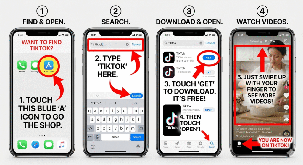 a set of screenshots of an iphone that guides a user through finding, opening, and using TikTok with callouts to highlight the important information, designed for an elderly and easily confused audience