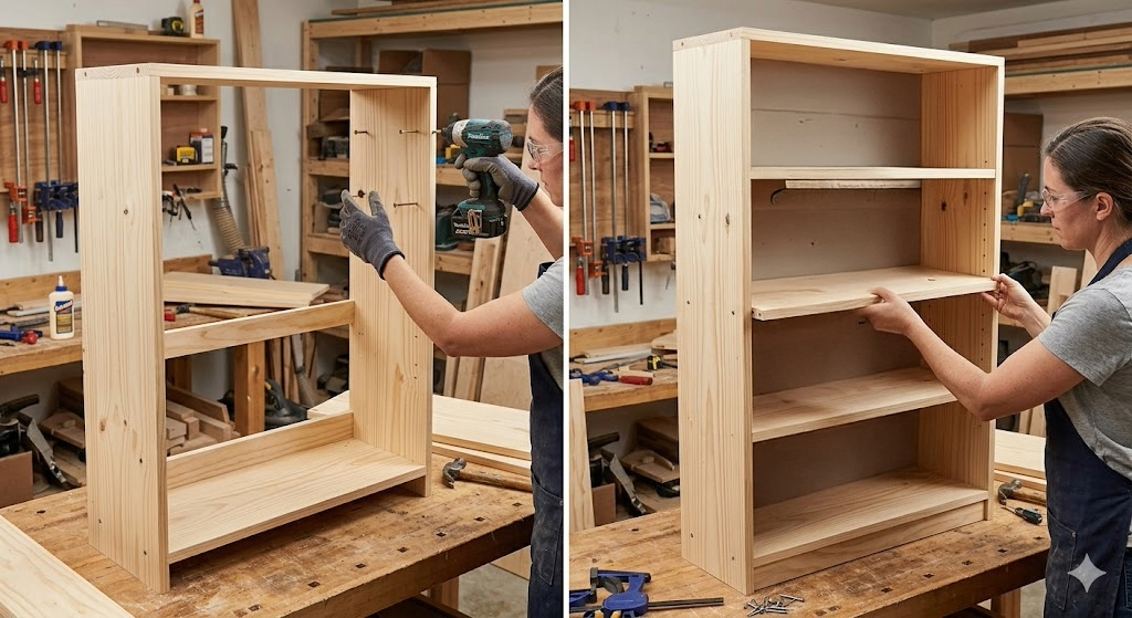 two images that illustrate two consecutive steps in the building of a bookcase