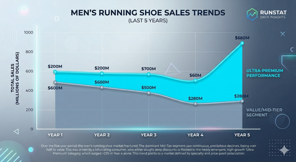 A chart tracking the sales of three key product categories over the five-year period, illustrating how the market has shifted as the consumer base bifurcates and distribution channels evolve.
