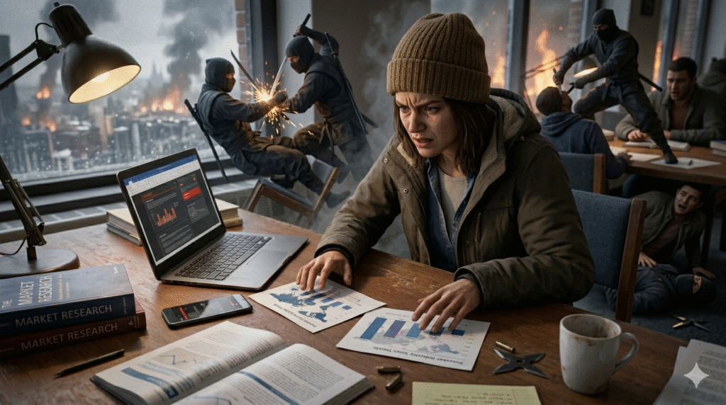 a student struggling to choose which image to add to her report on sales trends in the sneaker industry with ninjas battling behind her.
